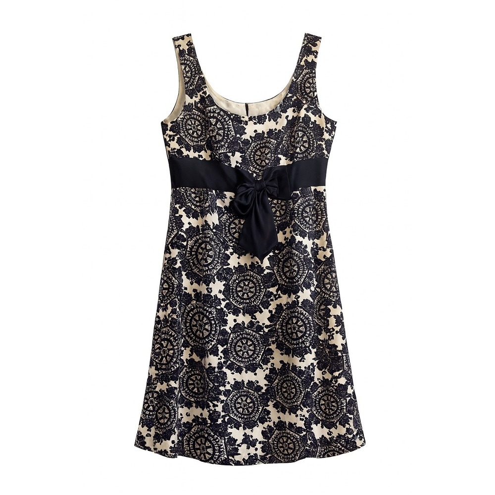 David Meister Silk Dress Sz 8 Black Cream Lace Bow A-Line Detail